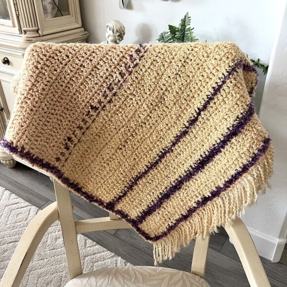 Handmade Crocheted Afghan Throw Blanket  Yellow Purple Soft Fringe 30x 70 in - Picture 7 of 9